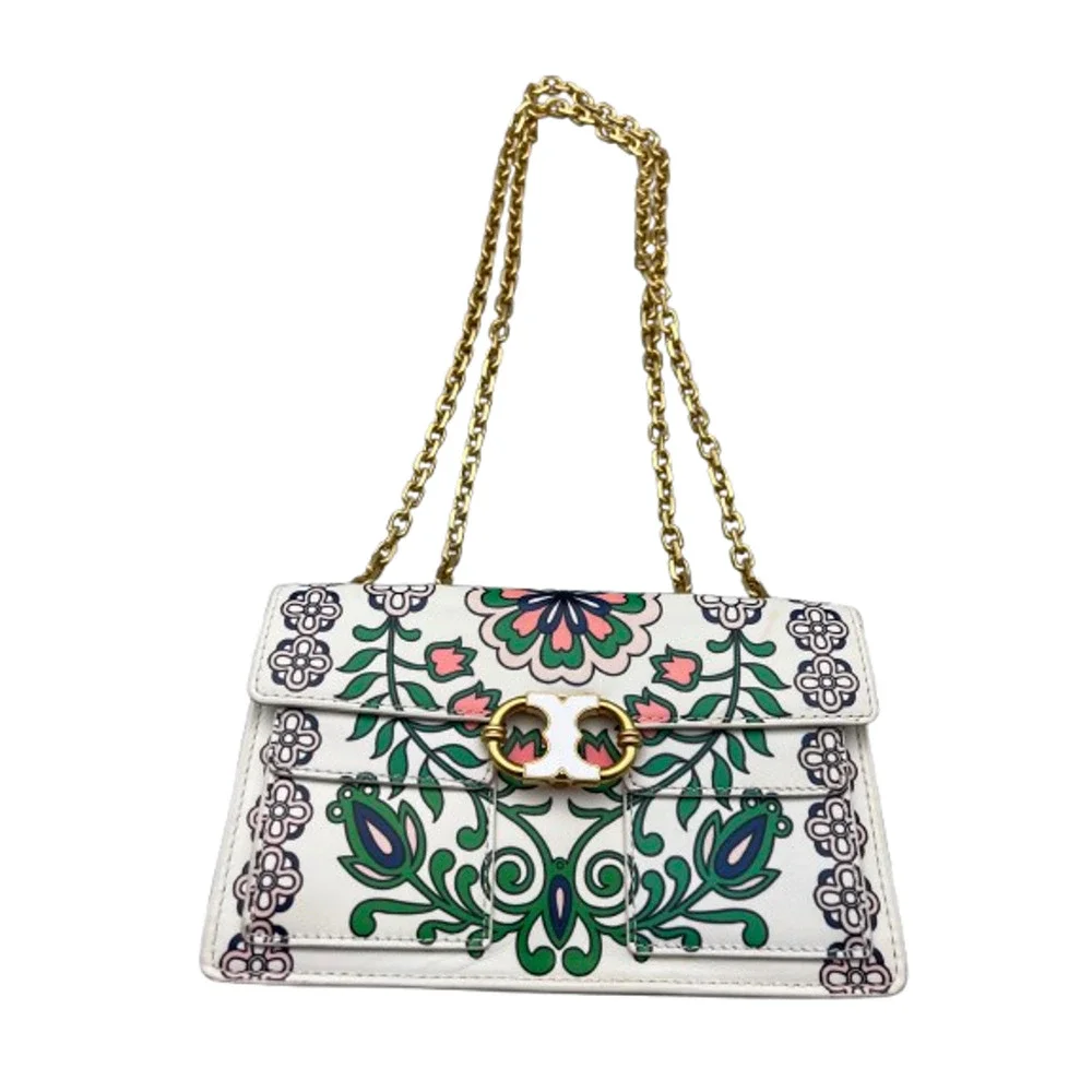 $625 Tory Burch White Garden Party Gemini Link Tri-Fold Leather Shoulder Bag
